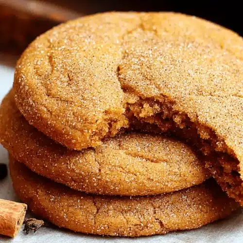 The BEST Chewy Pumpkin Cookies with Brown Butter & Cinnamon Sugar 2 Close-up of a stack of three freshly baked chewy pumpkin cookies, with one bitten to show its soft interior, garnished with sugar, cinnamon, and cloves on parchment paper.