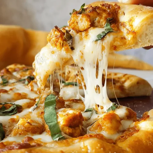 Ultimate Chicken Parm Pizza Recipe 2 Close-up of a mouth-watering chicken parm pizza slice being lifted, revealing a dramatic cheese pull.