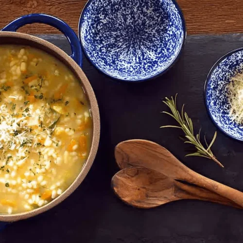 The Best Chicken Pastina Soup: Easy 10-Minute Prep 2 Warm chicken pastina soup in a rustic pot, garnished with cheese and herbs, on a dark serving board.