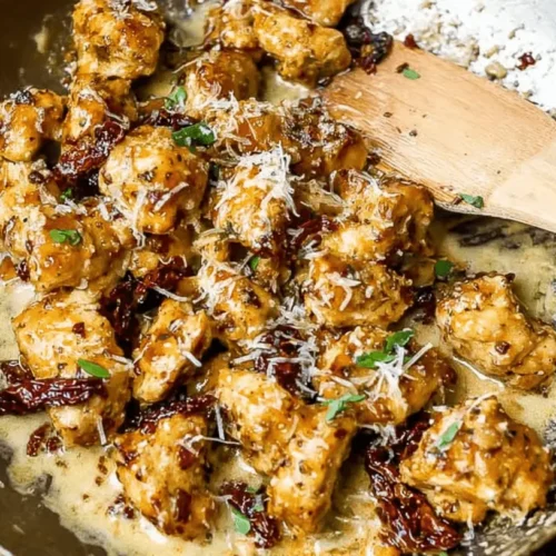 Marry Me Chicken Bites 2 Creamy Marry Me Chicken Bites with sun-dried tomatoes and Parmesan in a rustic pan.