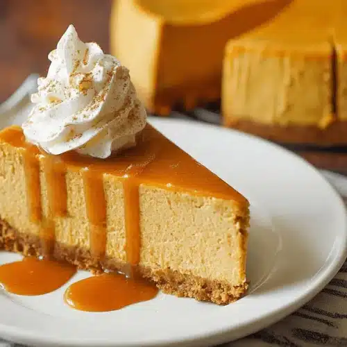 The Best Ever Pumpkin Cheesecake (No Water Bath, No Cracks!) 2 A tempting slice of Pumpkin Cheesecake with a caramel drizzle and whipped cream on a white plate.