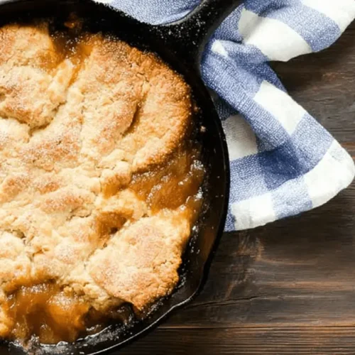 The Best Sweet Potato Cobbler Recipe 2 Overhead view of a golden-brown sweet potato cobbler, bubbling hot in a rustic cast iron skillet on a dark wooden surface.
