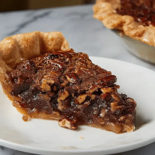 The Best Texas Chocolate Pecan Pie with a Dulce de Leche Twist 2 A tempting slice of Texas Chocolate Pecan Pie with a rich, gooey filling and golden crust, served on a ceramic plate with the whole pie in the background.