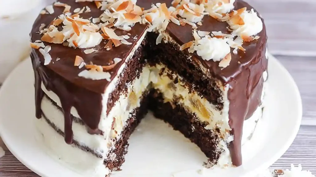 Almond Joy Cake: A Chocolate Coconut Dream 2 Almond Joy Cake with chocolate ganache, coconut filling, and toasted coconut flakes on top