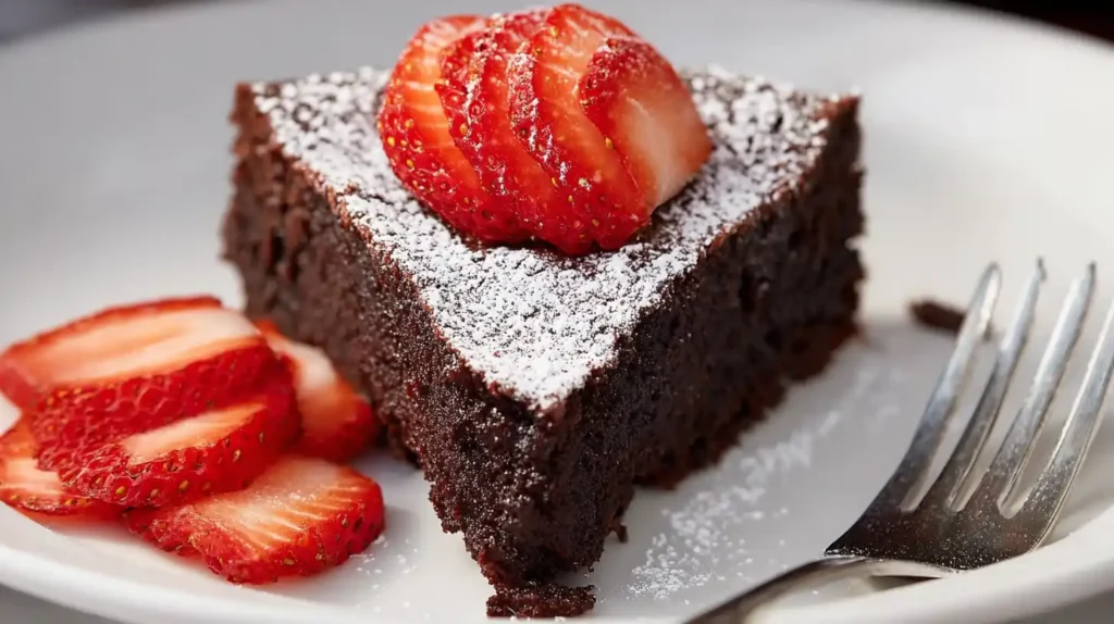 Decadent Flourless Chocolate Cake Recipe 2 Flourless chocolate cake topped with fresh strawberries and powdered sugar on a white plate