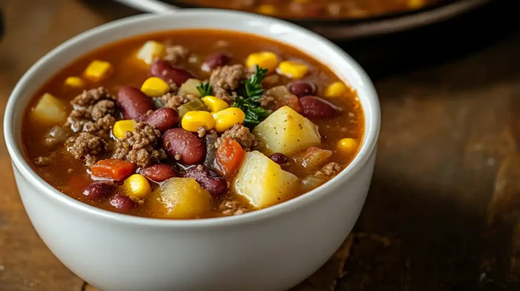 Hearty & Inexpensive Cowboy Soup (Stovetop & Slow Cooker) 2 Cowboy soup with ground beef, potatoes, kidney beans, corn, and vegetables in a white bowl