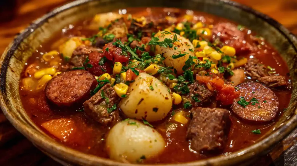 Hearty Texas Cowboy Stew 2 Texas cowboy stew with beef, sausage, potatoes, corn, and tomatoes in a rustic bowl