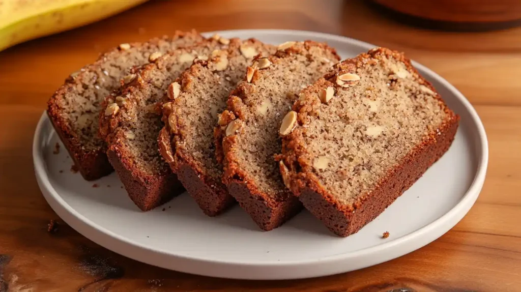Almond Flour Banana Bread Recipe 2 Sliced almond flour banana bread with nuts on top, arranged on a white plate.