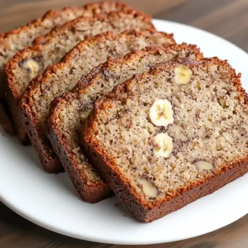 Almond Flour Banana Bread Recipe 3 Sliced almond flour banana bread on a white plate, showing a moist texture with banana pieces and nuts.
