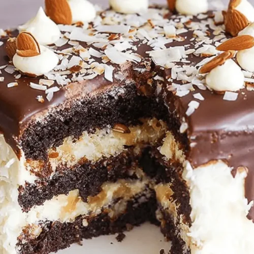 Almond Joy Cake: A Chocolate Coconut Dream 3 A decadent, partially sliced almond joy cake revealing its rich chocolate layers, creamy filling, and topped with chocolate ganache, coconut, and whole almonds.