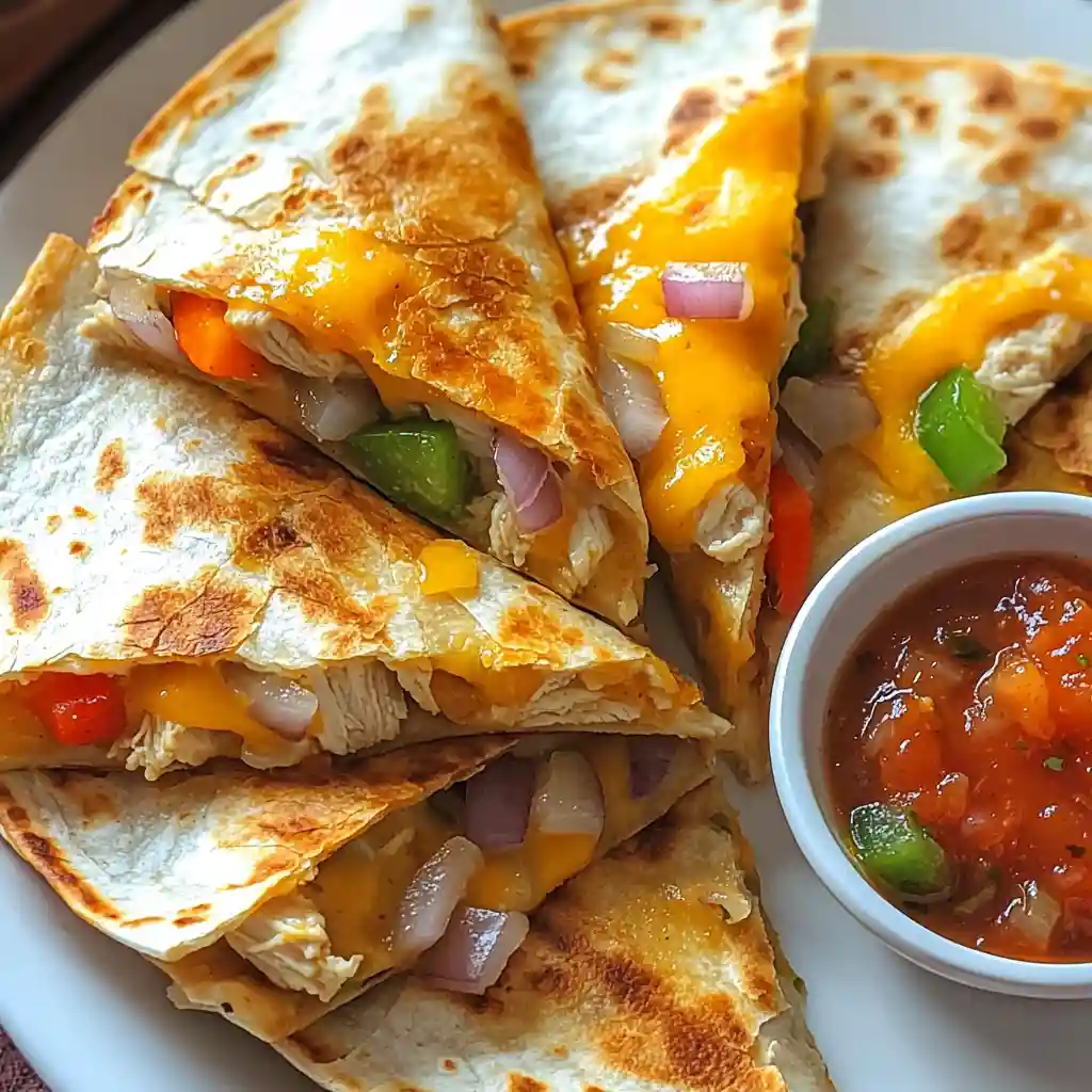 Delicious Chicken Quesadillas: The Ultimate Recipe Guide 2 Chicken quesadillas filled with melted cheese, chicken, peppers, and onions served with salsa.