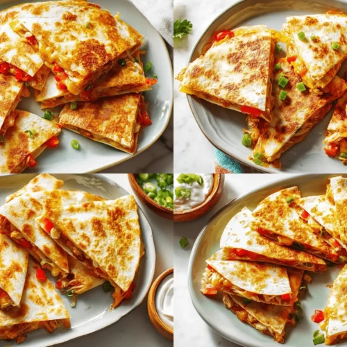 Delicious Chicken Quesadillas: The Ultimate Recipe Guide 3 A quad-panel collage showcasing delicious golden-brown chicken quesadillas with melted cheese, served with sour cream and green onions on white marble.