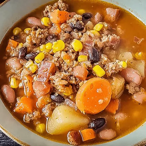 Hearty & Inexpensive Cowboy Soup (Stovetop & Slow Cooker) 3 Hearty cowboy soup with ground meat, beans, corn, and potatoes in a rustic bowl.
