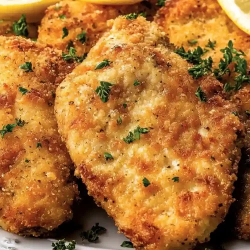 The BEST Chicken Cutlets Recipe 3 Crispy golden chicken cutlets topped with fresh herbs on a serving plate.