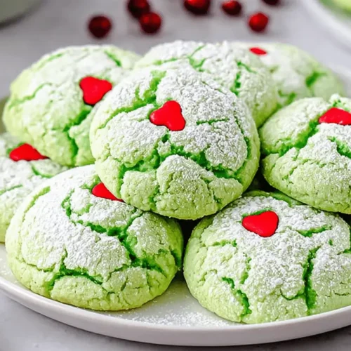 Easy Grinch Cookies 2 A plate of vibrant green crinkle Easy Grinch Cookies dusted with powdered sugar and topped with red heart candies, ready for a festive treat.