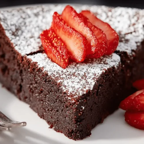 Decadent Flourless Chocolate Cake Recipe 3 Delicious slice of flourless chocolate cake dusted with powdered sugar and fresh strawberries on a white plate.