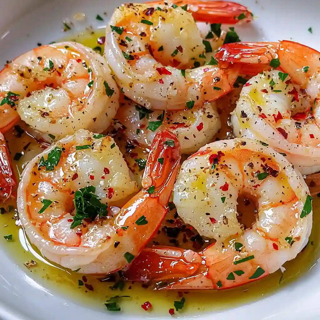 The BEST Garlic Shrimp Recipe 2 Garlic shrimp cooked in olive oil with herbs, chili flakes, and parsley.