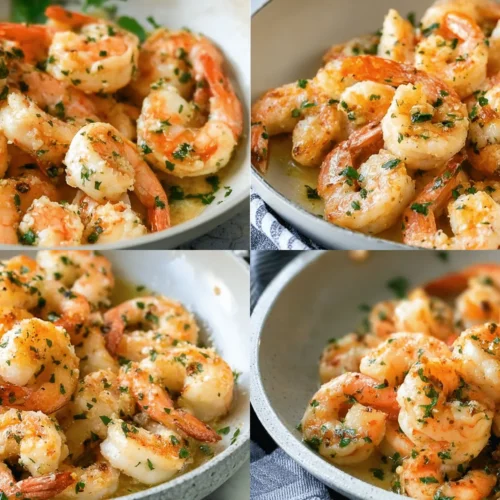 The BEST Garlic Shrimp Recipe 3 Appetizing close-up of golden garlic shrimp with herbs in a rustic skillet.