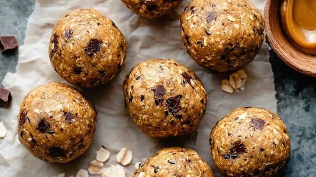 The BEST Peanut Butter Protein Balls Recipe 2 No-bake peanut butter protein balls with oats and chocolate chunks arranged on parchment paper.