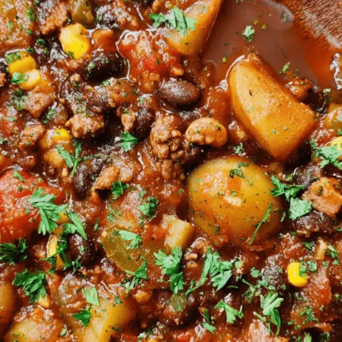 Hearty Texas Cowboy Stew 3 Overhead view of a hearty Texas cowboy stew, rich with ground meat, potatoes, beans, and colorful vegetables, garnished with fresh herbs.