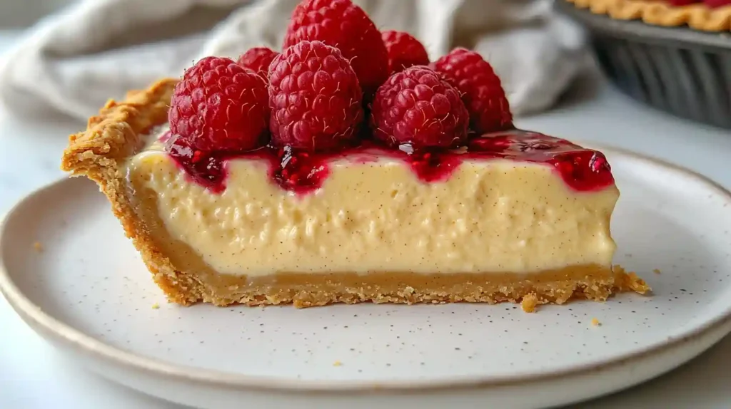 Old Fashioned Vanilla Custard Pie 3 Slice of vanilla custard pie topped with fresh raspberries and raspberry sauce.