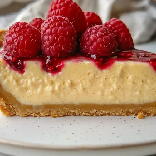 Old Fashioned Vanilla Custard Pie 4 Slice of vanilla custard pie topped with fresh raspberries and raspberry sauce.
