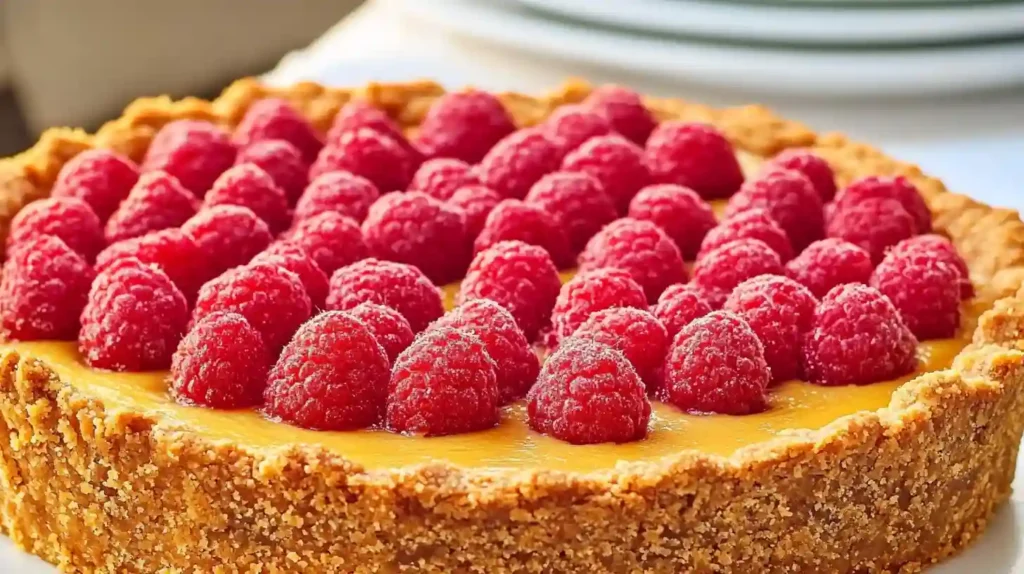 Old Fashioned Vanilla Custard Pie 2 Whole vanilla custard pie topped with fresh raspberries on a graham cracker crust.