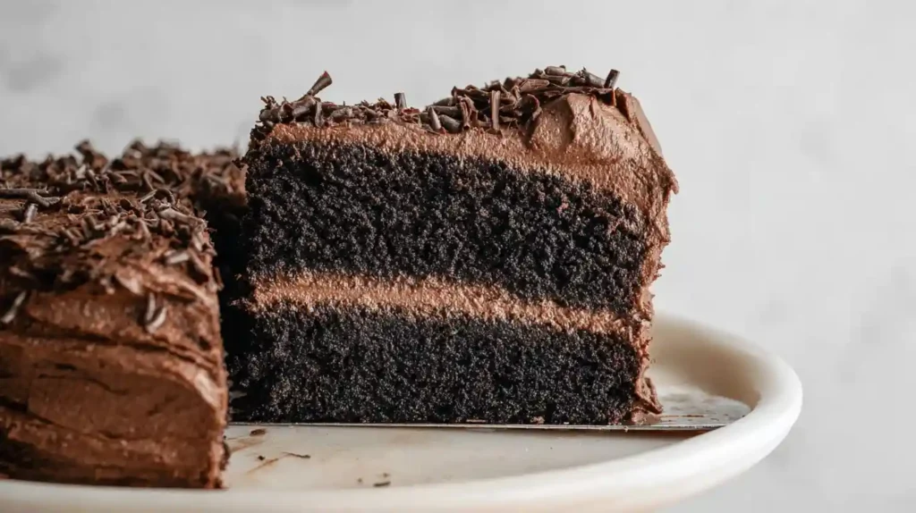 The BEST Fudgy Vegan Chocolate Cake 2 Slice of rich layered chocolate cake with chocolate frosting and chocolate shavings
