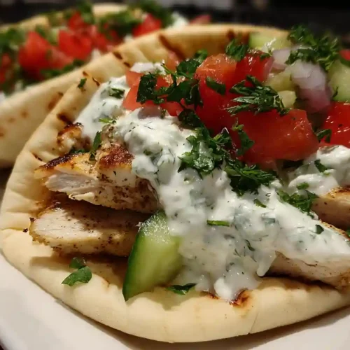Delicious Chicken Gyros with Homemade Tzatziki Sauce 2 Chicken gyros with tzatziki sauce served in warm pita bread with grilled chicken, cucumber, tomato, and fresh herbs.