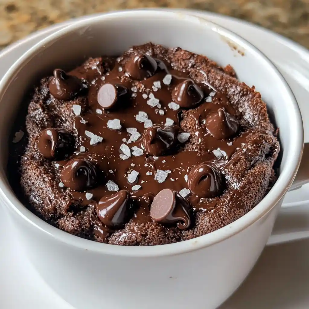 Chocolate Protein Mug Cake 2 Chocolate protein mug cake topped with melted chocolate chips and sea salt.