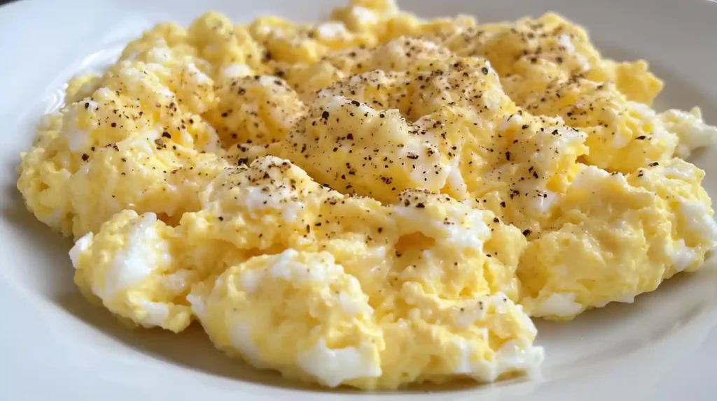 Cottage Cheese Scrambled Eggs 2 Creamy cottage cheese scrambled eggs seasoned with black pepper on a white plate.