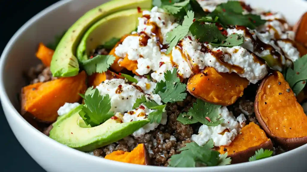 The BEST Cottage Cheese Taco Bowl 2 Cottage Cheese Taco Bowl with roasted sweet potatoes, avocado slices, seasoned ground beef, cottage cheese, and fresh cilantro.