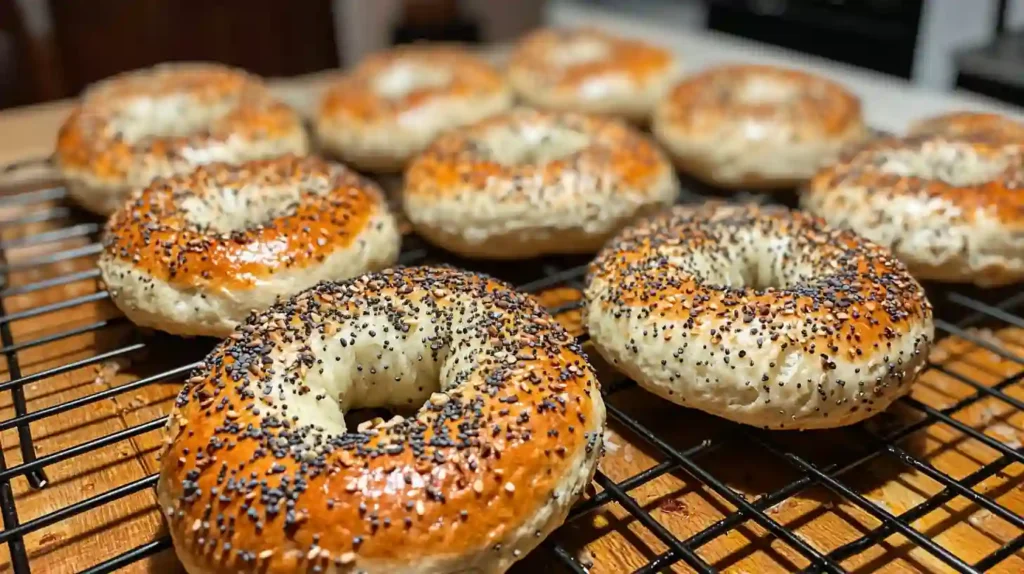 Two-Ingredient Protein Bagels: The Ultimate Guide 2 Two-ingredient protein bagels with a golden crust and poppy seed topping are cooling on a wire rack.