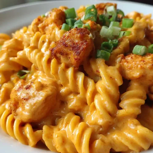 High Protein Buffalo Chicken Mac and Cheese 2 Close-up of High Protein Buffalo Chicken Mac and Cheese in a rustic bowl, garnished with creamy drizzle and fresh green onions.
