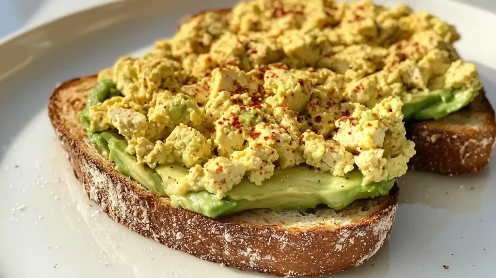 The BEST Tofu Avocado Toast Recipe 2 Tofu avocado toast topped with seasoned tofu scramble on rustic whole grain bread.