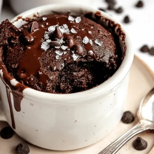 Chocolate Protein Mug Cake 3 Indulgent chocolate protein mug cake with melted chocolate, chips, and flaky sea salt in a rustic cream mug.
