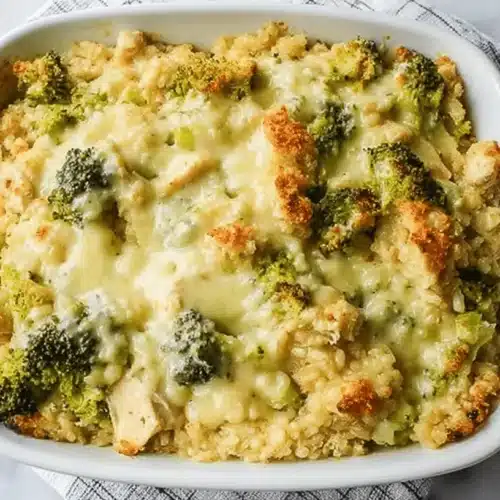 Cheesy Broccoli Cauliflower Rice Chicken Casserole (Low-Carb & Gluten-Free) 2 Deliciously baked Broccoli Cauliflower Rice Chicken Casserole, topped with golden melted cheese and visible roasted broccoli florets, served in a white ceramic dish.