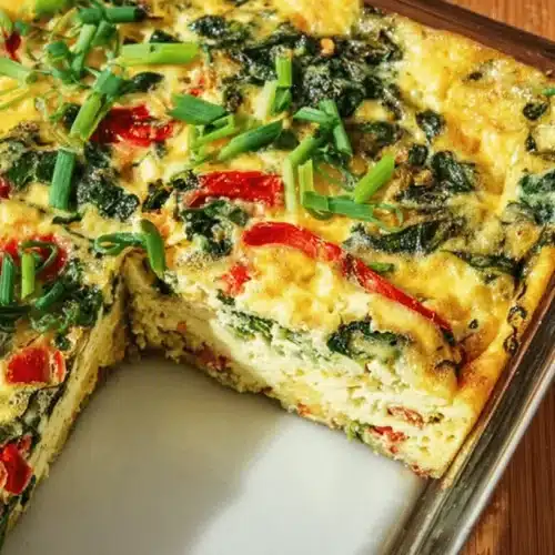 Easy Cottage Cheese Egg Bake with Veggies 2 Delicious Cottage Cheese Egg Bake with Veggies in a glass dish, featuring spinach, red peppers, and chives.