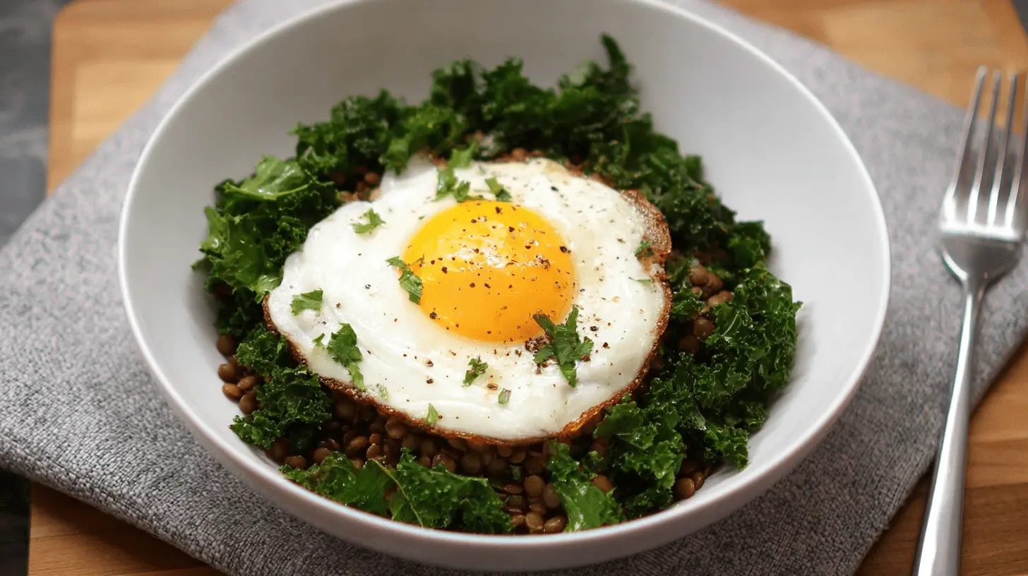 Home 5 A vibrant Lentil Breakfast Bowl topped with a sunny-side-up egg, fresh kale, and herbs, served in a white bowl.