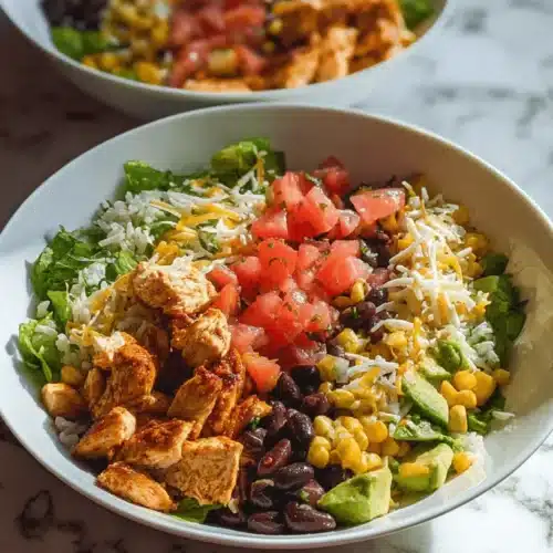 Delicious Chicken Burrito Bowls 2 Vibrant chicken burrito bowl with grilled chicken, black beans, corn, avocado, diced tomatoes, shredded cheese, and fresh lettuce on white rice, set on a marble countertop.