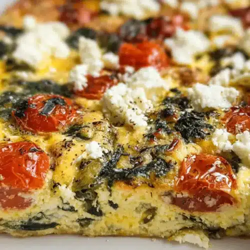 Delicious Mediterranean Breakfast Casserole 2 Vibrant mediterranean breakfast casserole with tomatoes, spinach, and feta in a white baking dish.