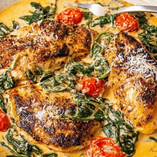Creamy Tuscan Chicken: Your New Favorite Weeknight Dinner 2 Close-up of creamy Tuscan chicken with spinach and cherry tomatoes in a rustic pan, ready to eat.