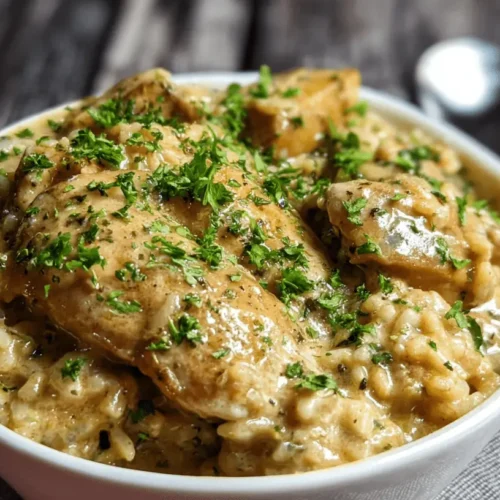 Smothered Chicken and Rice: The Ultimate One-Pan Comfort Meal 3 Close-up of creamy Smothered Chicken and Rice in a white bowl on a rustic wooden background.