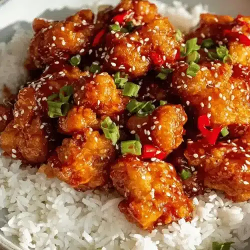The BEST Sweet Chili Chicken Recipe 2 Close-up of crispy sweet chili chicken garnished with sesame seeds, scallions, and red chilies, served over white rice in a ceramic bowl.