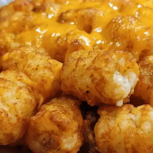 The Ultimate Chili Cheese Tater Tot Casserole 2 A close-up of a warm, gooey Chili Cheese Tater Tot Casserole topped with golden-brown tater tots and melted orange cheese over a savory chili base.