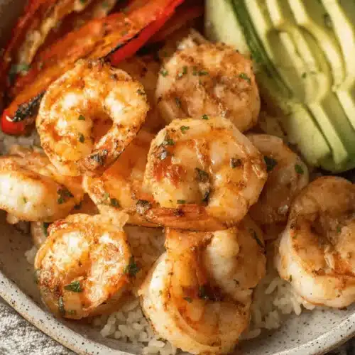 Grilled Shrimp Bowl Recipe with Grilled Veggies 2 Overhead view of a vibrant Grilled Shrimp Bowl Recipe featuring plump grilled shrimp, fresh avocado, roasted red peppers, and fluffy rice.