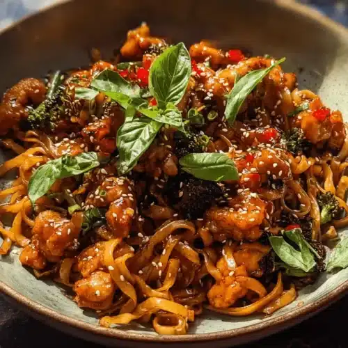 Easy Spicy Garlic Chicken and Broccoli Noodles 2 A close-up of a beautifully lit Spicy Garlic Chicken and Broccoli Noodle dish, served in a rustic ceramic bowl with chopsticks, garnished with sesame seeds and fresh basil.