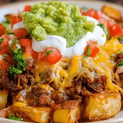 Easy Taco Potatoes Recipe (Air Fryer & Oven Options) 2 A hearty dish of golden-brown crispy potato chunks loaded with seasoned ground meat, melted cheese, sour cream, guacamole, and fresh pico de gallo, showcasing delicious Taco Potatoes.