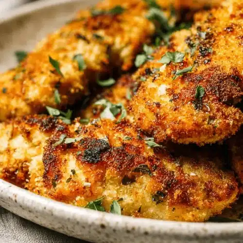 Crispy Baked Parmesan Crusted Chicken 2 Close-up of golden-brown baked parmesan crusted chicken tenders garnished with fresh parsley in a rustic bowl.