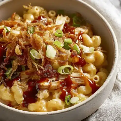Ultimate BBQ Chicken Mac and Cheese Recipe 2 A close-up, top-down view of a rustic bowl of loaded bbq chicken mac and cheese, topped with crispy onions, BBQ sauce, and green onions.